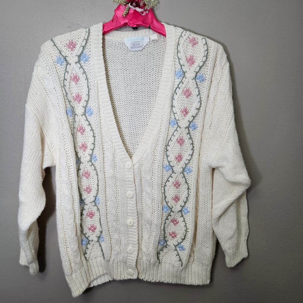 Vintage 80s Blair Boutique Women 3XL Cream HandKnit Floral Cardigan Cottage Folk